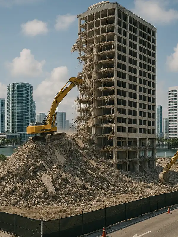 Excavator demolishing tall building in progressRetry
