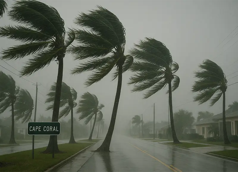 Palm trees bent by severe rain and wind.