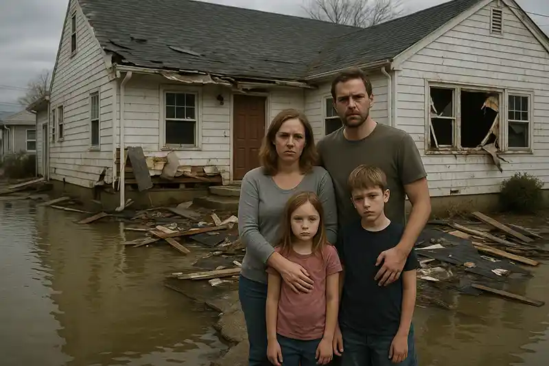 Family standing before flood-damaged homeRetry