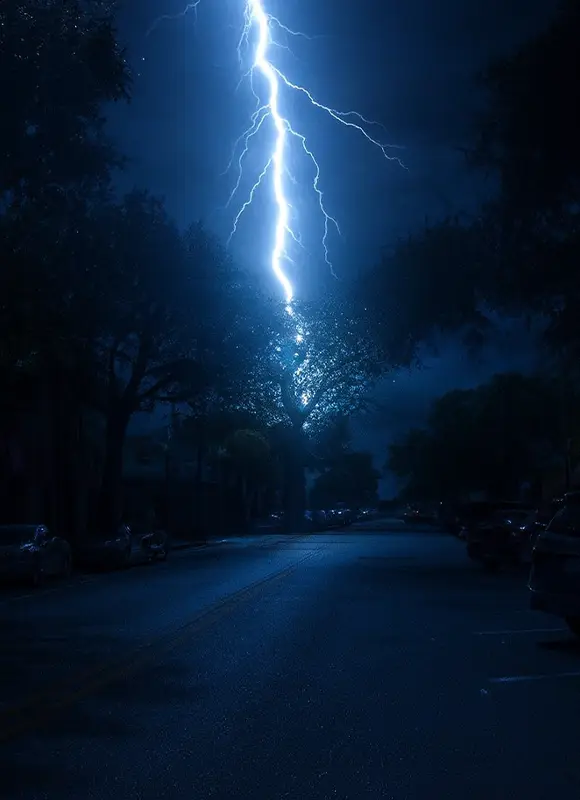 Lightning striking tree on residential street