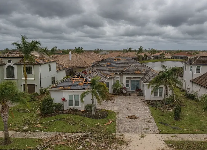 Storm-damaged home with destroyed roof tiles