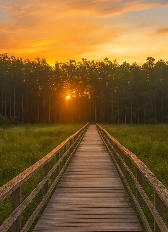 Wooden boardwalk leading toward golden sunrise