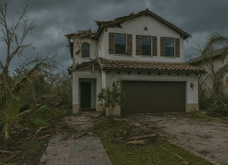 Storm-damaged home under dark cloudy sky