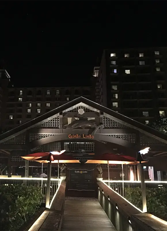 Gumbo Limbo restaurant entrance at night