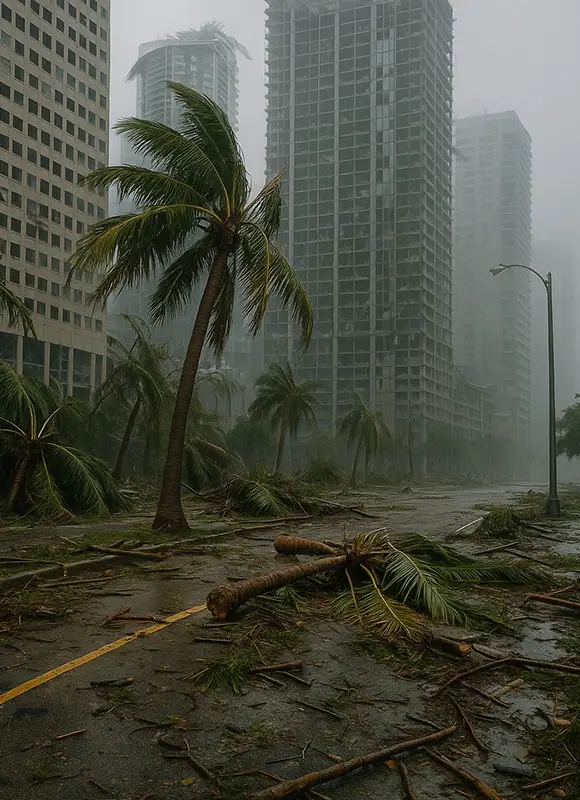 Fallen palm trees and debris in city street.