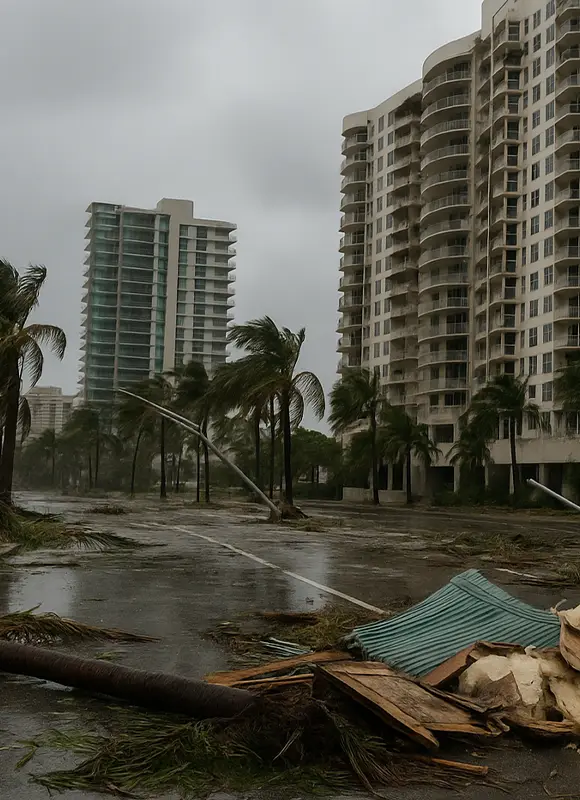 Hurricane damage, debris on road near high-rises.