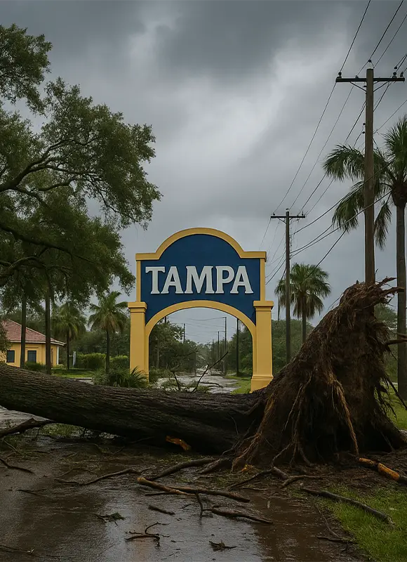 Fallen tree blocking road near Tampa sign.