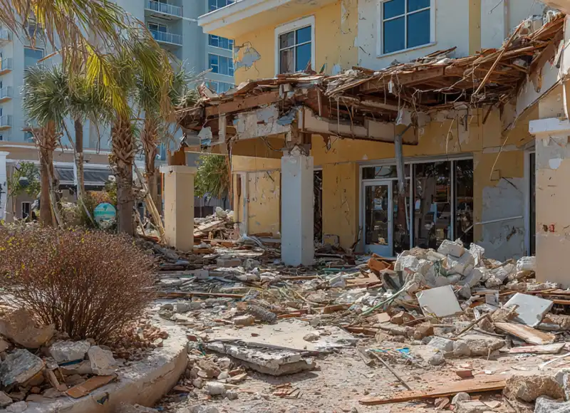 Collapsed roof and rubble-covered entrance of hurricane-devastated commercial building