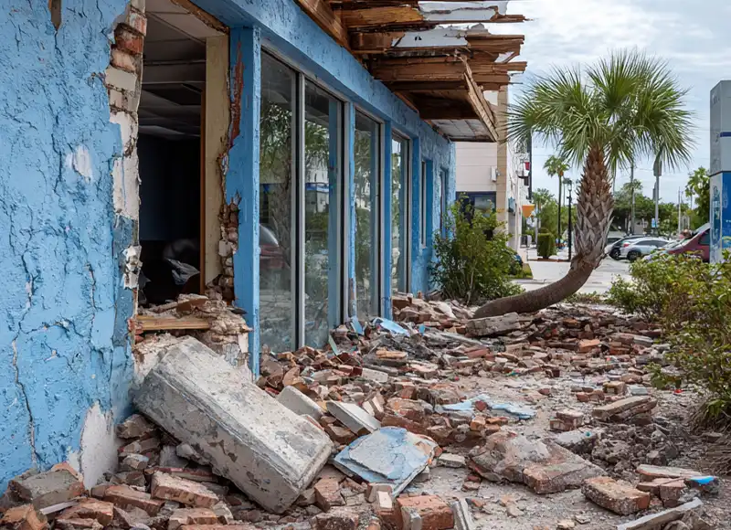 Blue storefront wall crumbled with brick debris after hurricane damage