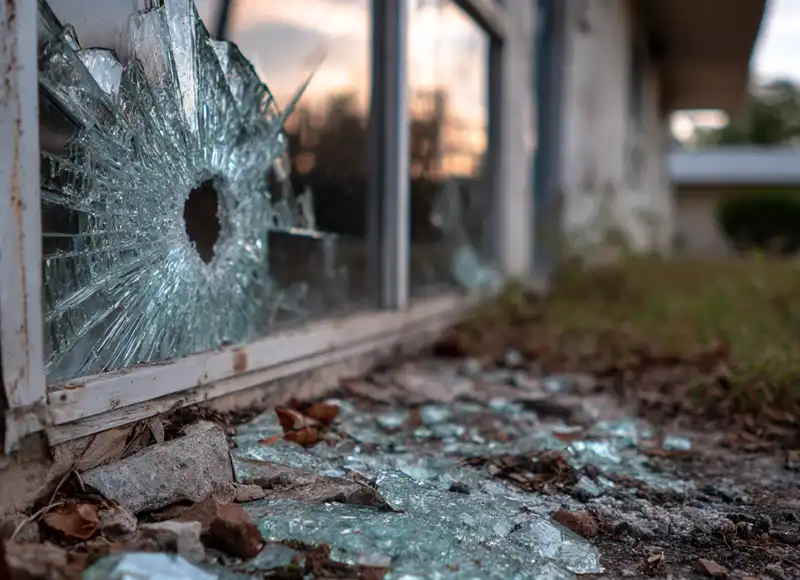Shattered building window with impact hole and broken glass debris