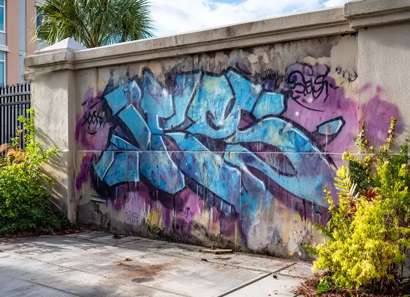Blue and purple graffiti vandalism spray-painted on Florida property wall