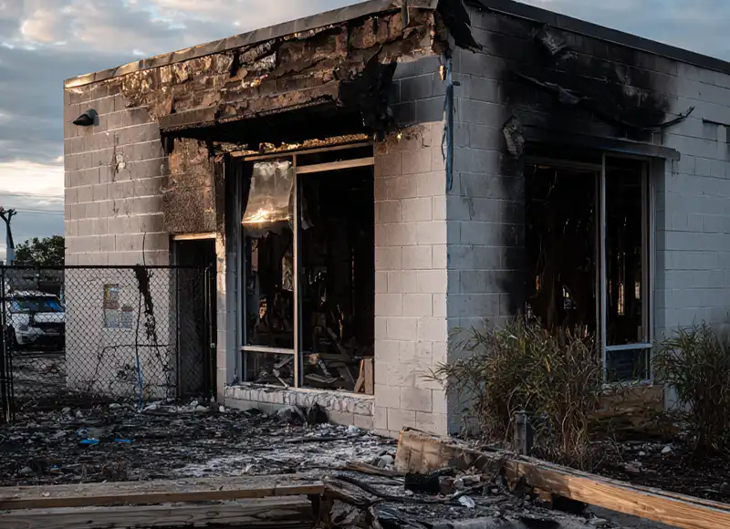 Charred commercial building with burned roof and fire-blackened walls