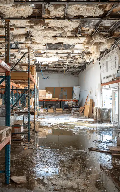 Flooded commercial warehouse interior with collapsed ceiling and standing water