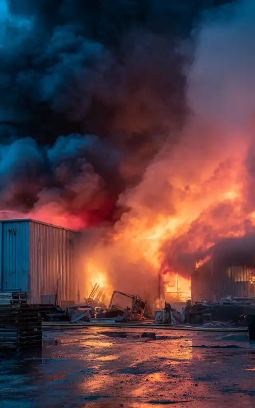 Industrial warehouse fully engulfed in raging fire with thick black smoke