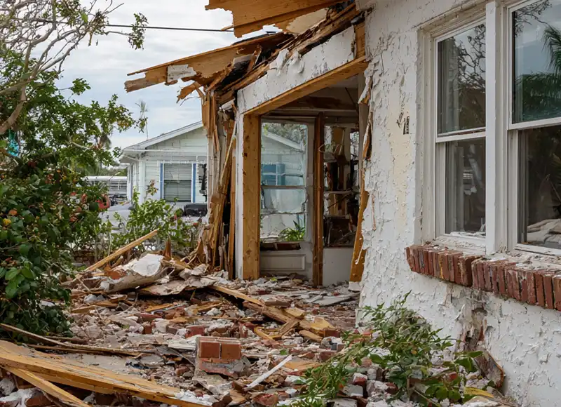 Hurricane-destroyed home exterior wall collapsed with brick rubble scattered