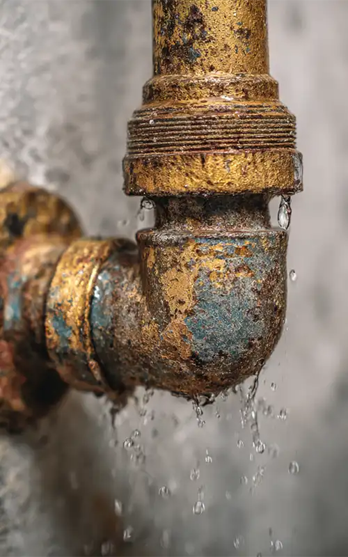 Close-up of heavily corroded leaking pipe joint dripping water