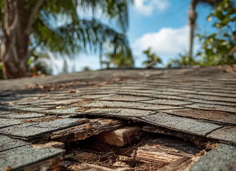 Close-up of cracked deteriorating roof shingles with exposed rotting wood