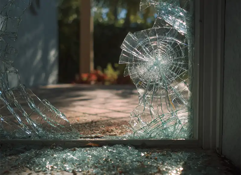 Close-up of shattered impact-broken home window with spider-web cracks