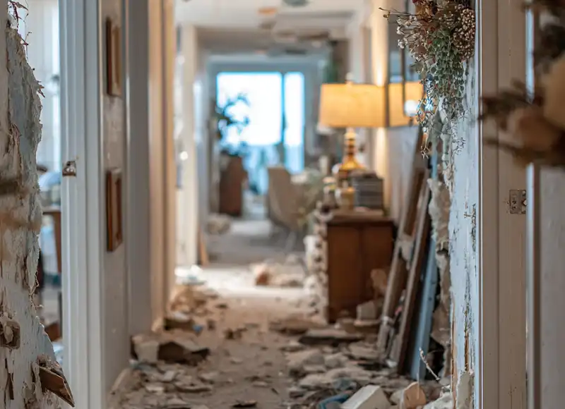 Flood-damaged home hallway with peeling walls and scattered debris