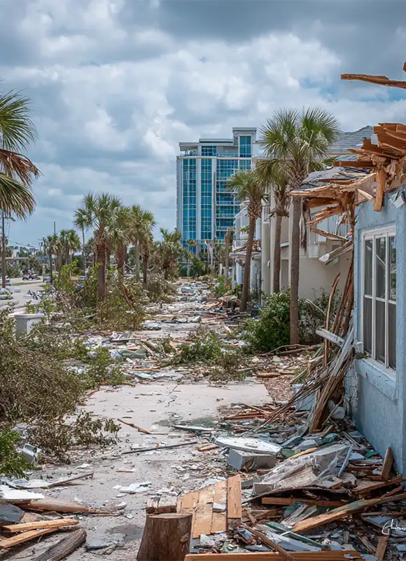 Debris-strewn Florida coastal street with hurricane-devastated beachfront properties