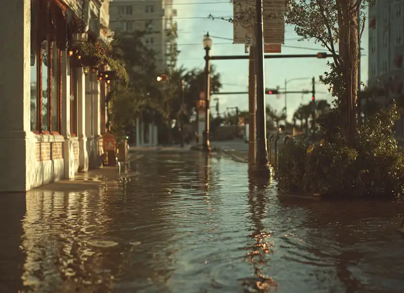 Flooded urban street with water submerging Florida downtown storefronts