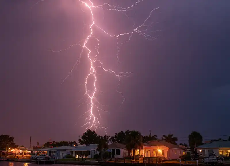 Powerful lightning bolts striking over illuminated Florida residential neighborhood