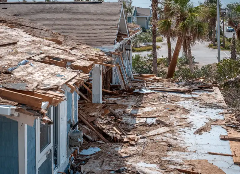 Row of coastal homes with severe structural hurricane wind damage