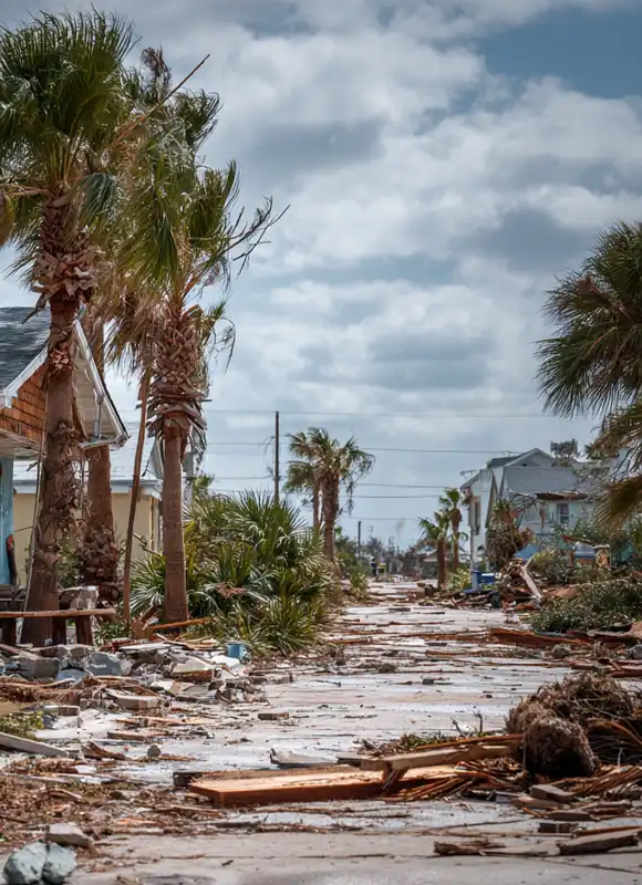 Debris-covered neighborhood street lined with damaged hurricane-battered palm trees