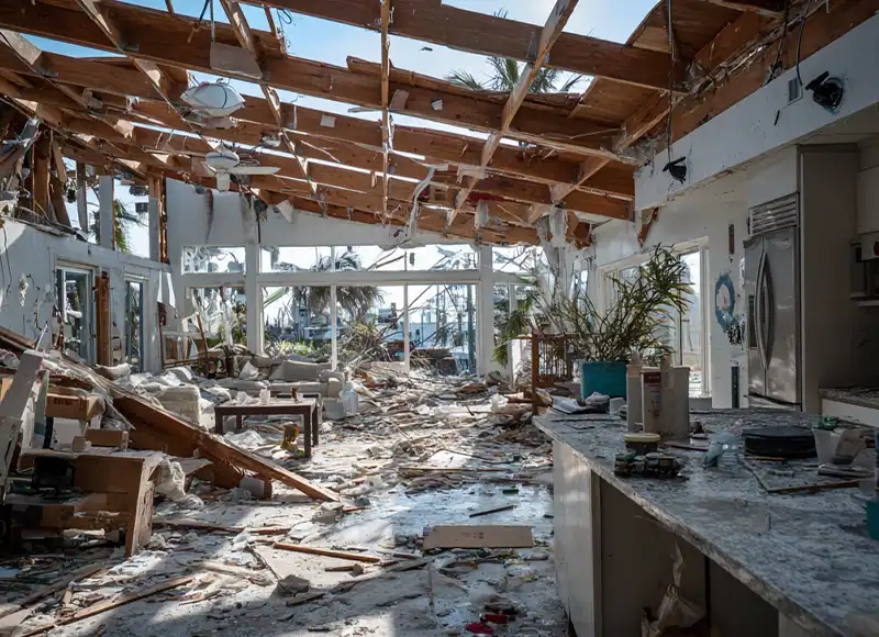 Home interior completely destroyed with collapsed roof after hurricane