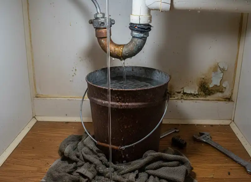 Corroded leaking pipe dripping water into bucket beneath kitchen sink