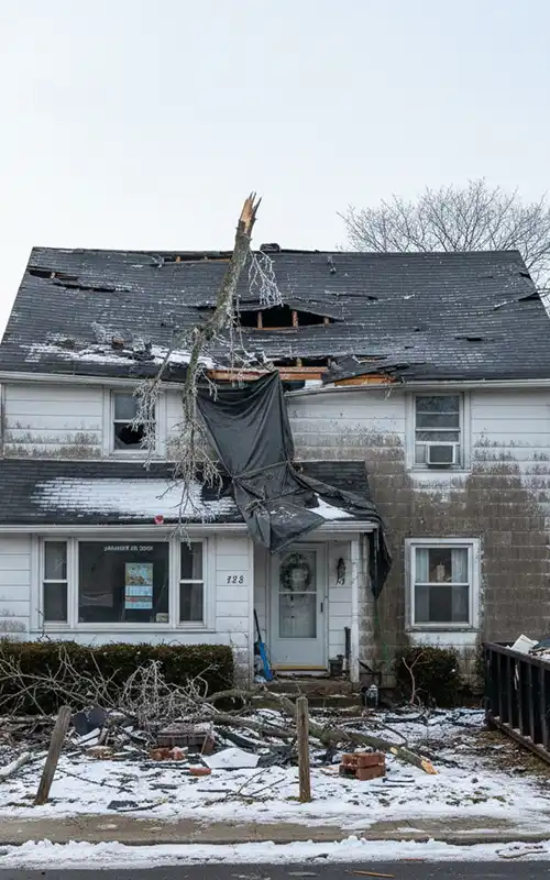 Winter storm tree impact causing severe roof damage to white home