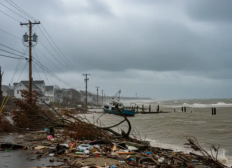 Storm-battered coastal town with grounded fishing boat and scattered shoreline debris