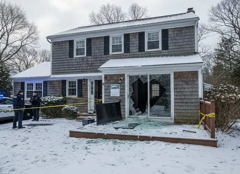 Police investigating shattered glass door of snow-covered residential home