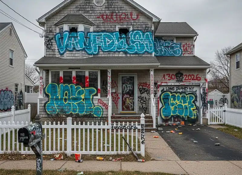 Long Island NY residential home covered in extensive vandalism graffiti tags