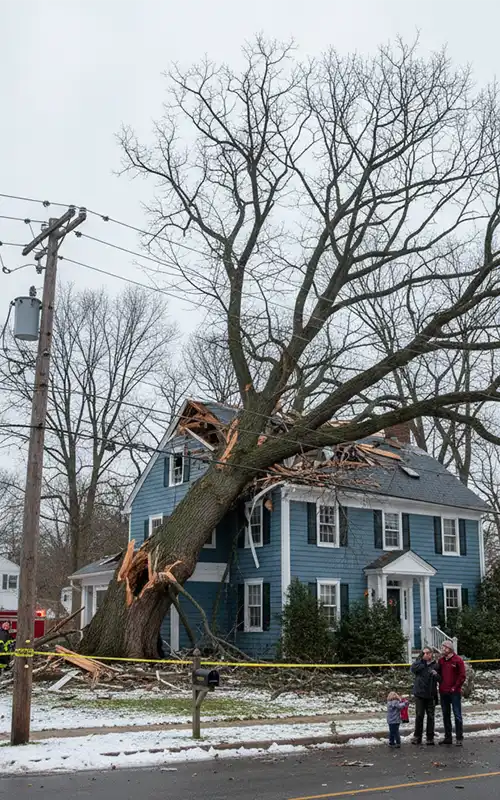 Massive fallen tree crushing roof of blue colonial home in winter
