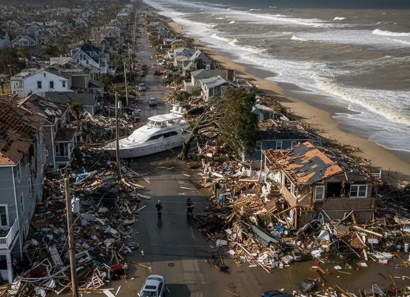 Aerial view of hurricane-obliterated beachfront community with storm-beached yacht