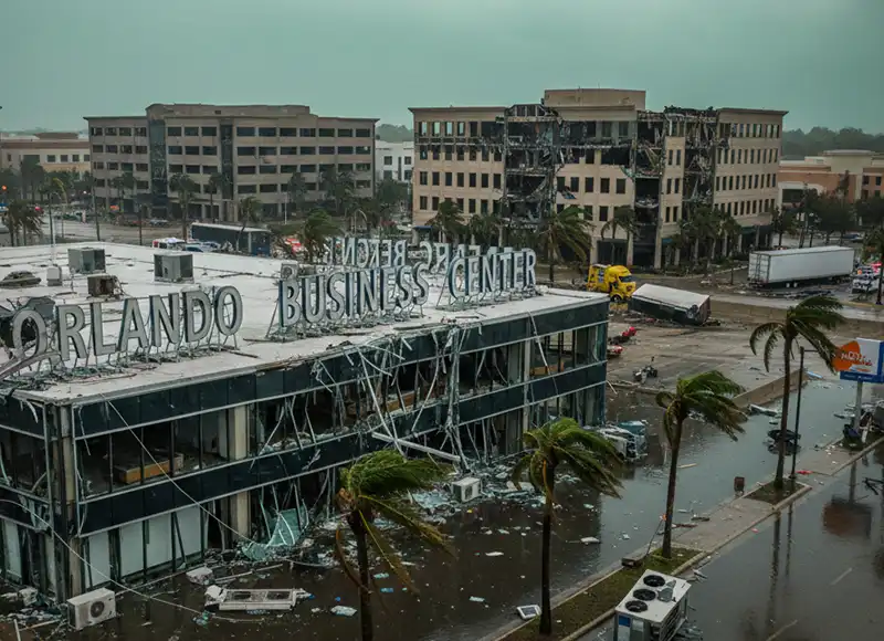 Orlando Business Center sign amid hurricane-gutted commercial district buildings
