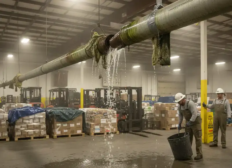 Workers collecting water from burst corroded overhead pipe in warehouse