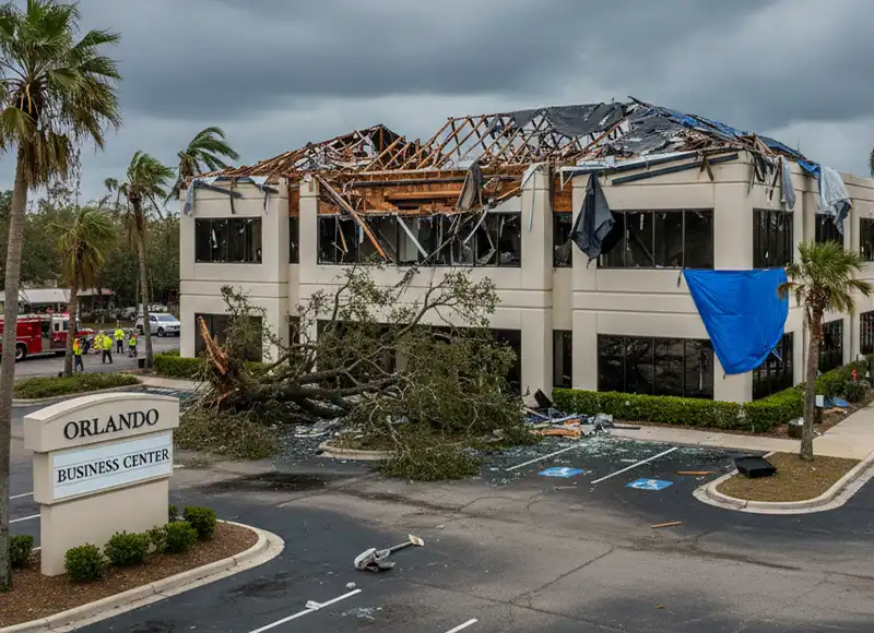 Orlando Business Center with collapsed roof and fallen tree from hurricane