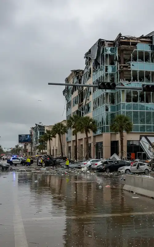 Devastated glass office tower with flooded street and damaged cars below