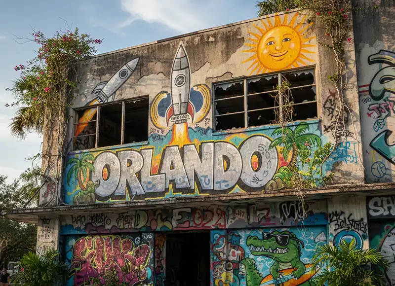 Colorful Orlando graffiti mural covering abandoned building with broken windows