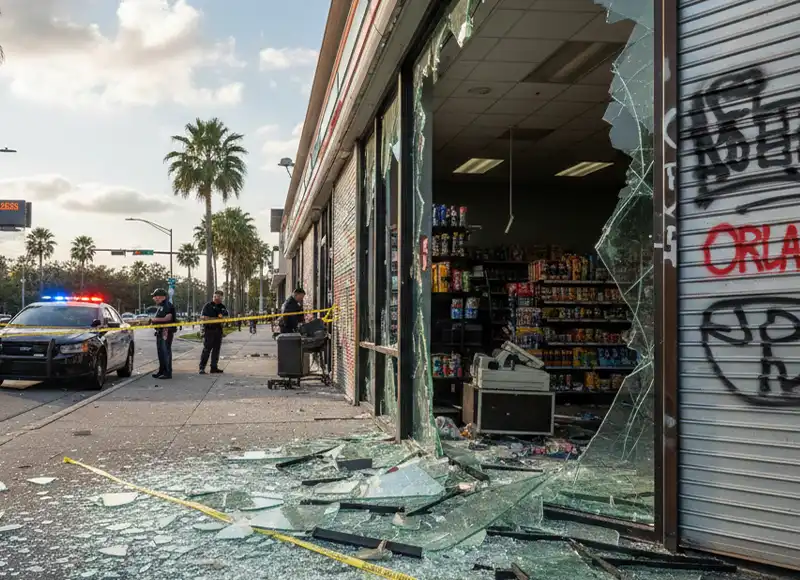 Police investigating Orlando convenience store with smashed front window after break-in
