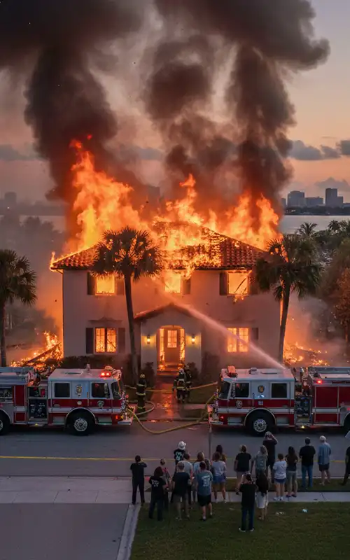 Fire trucks battling massive blaze consuming entire Florida waterfront home