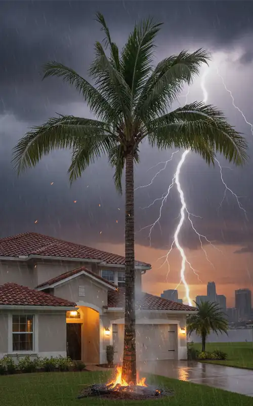 Lightning strike igniting palm tree beside Florida waterfront residential home