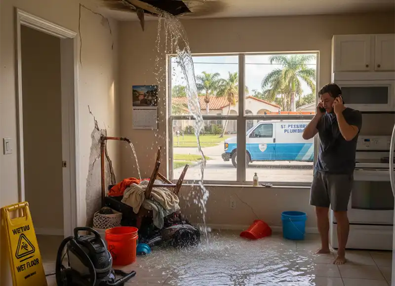 Distressed homeowner calling plumber as burst pipe floods Florida kitchen