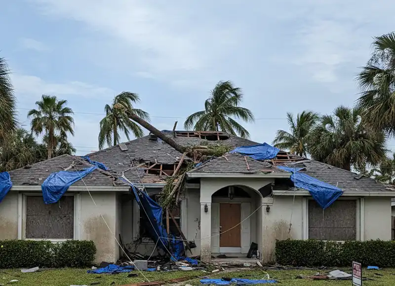 Hurricane-toppled palm tree piercing through tarped Florida ranch home roof