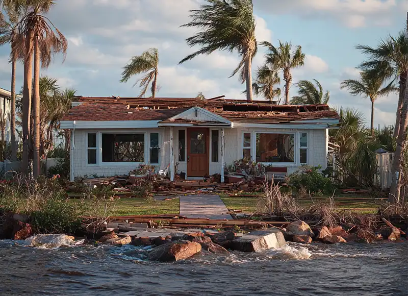 Hurricane-stripped roof and flooded seawall surrounding damaged Florida waterfront cottage