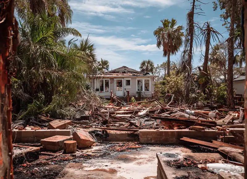 Florida home surrounded by massive storm debris and destroyed brick structures