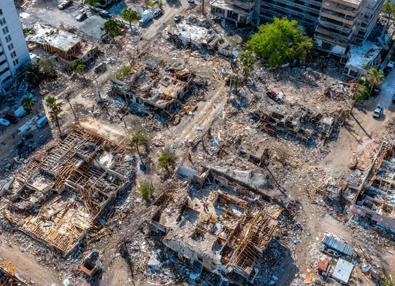 Aerial view of entire city block completely leveled by catastrophic disaster