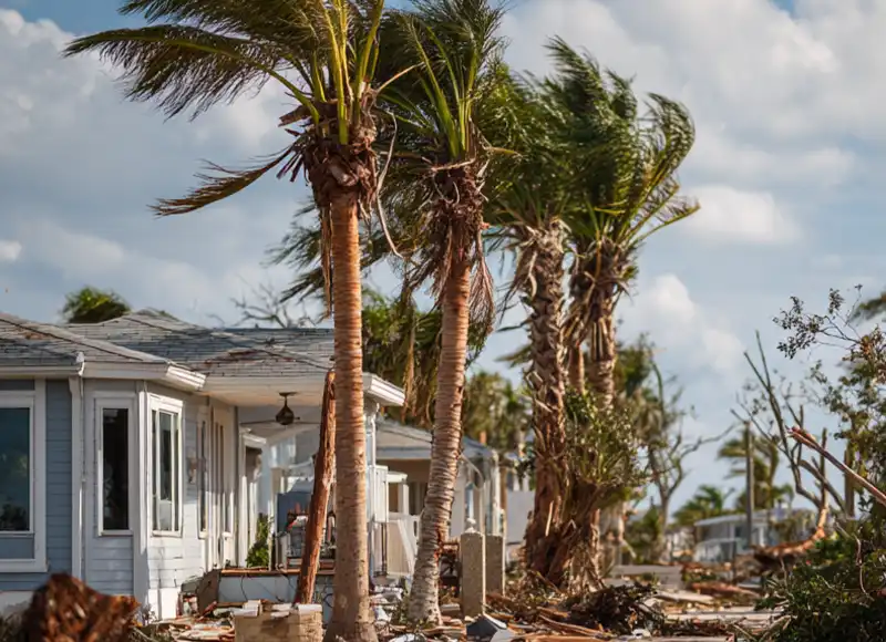 Battered palm trees and debris lining hurricane-damaged Florida coastal homes